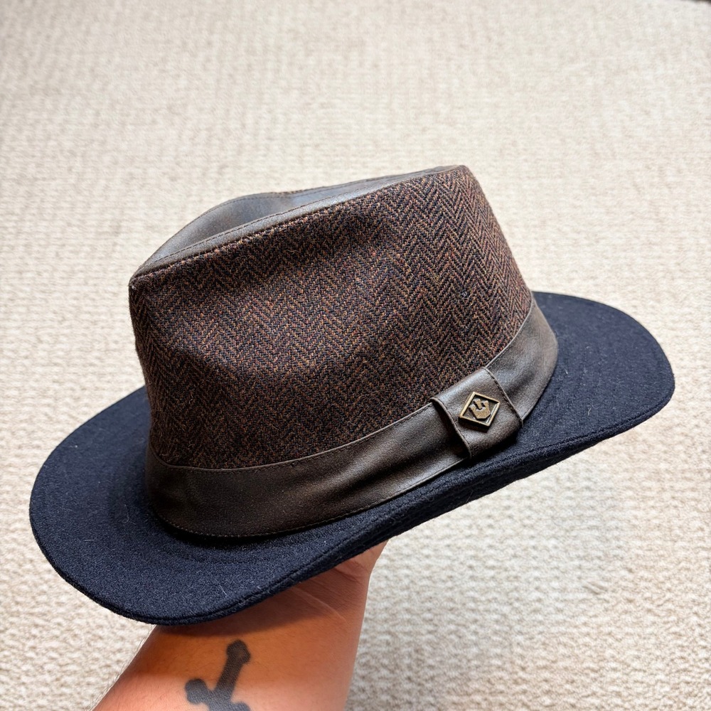 Goorin Bros Mens Fedora Hat Brown Herringbone Tweed Black Brim Logo Pin